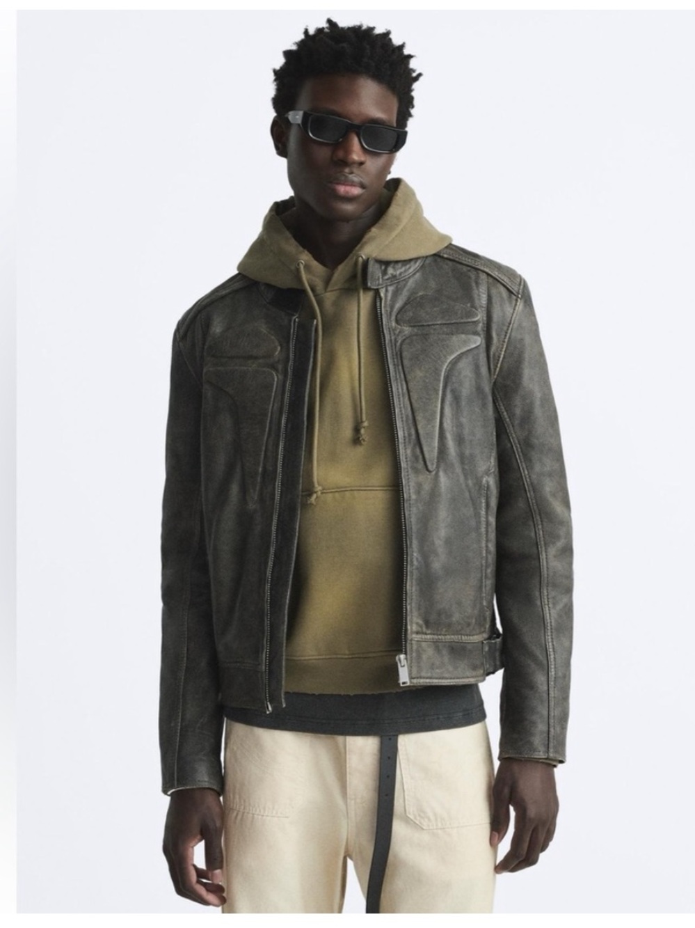NWT Zara 100% Distressed Leather Biker Jacket Dark Olive Size S